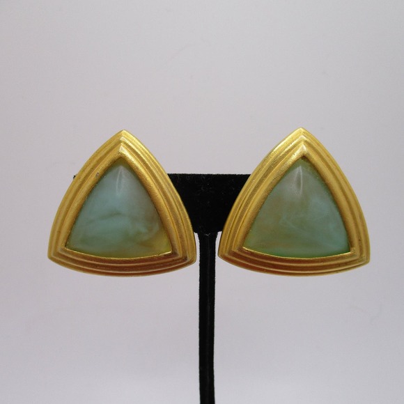 Vintage Diva Triangular Shaped Domed Aqua Blue Stone Brushed Gold Clip Earrings